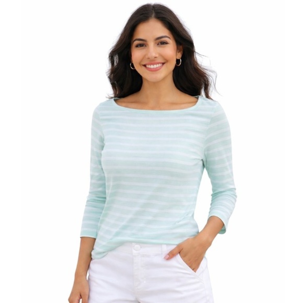 Merona Mint Green White Striped Boat Neck 3/4 Sleeve‎ Top XS Resortwear 50-06